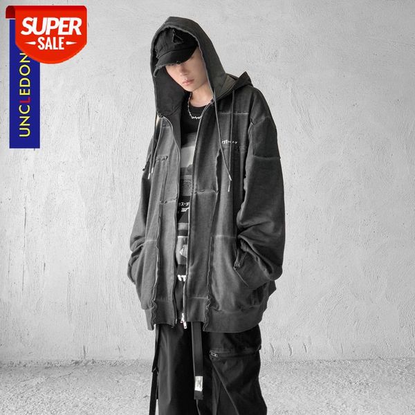 

uncledonjm colour block patchwork zip up hooded oversized cardigan hip hop streetwear vintage hoodie men u20295 #gu5u, Black