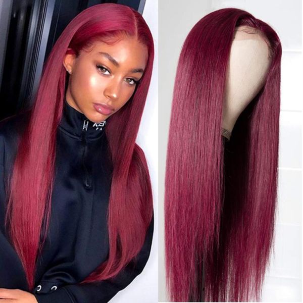 

lace wigs peruvian straight hair 13x4 front wig human 99j red burgundy pre-plucked 180% remy part, Black;brown