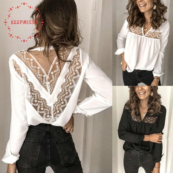 

women's blouses & shirts keepmissu 2021 fashion autumn lace floral deep v backless hollow out women blouse womens clothing ku60076, White