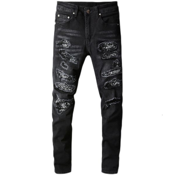 

fashion jeans men's bandana paisley printed patchwork stretch streetwear black denim pencil pants slim skinny ripped trousers 669, Blue