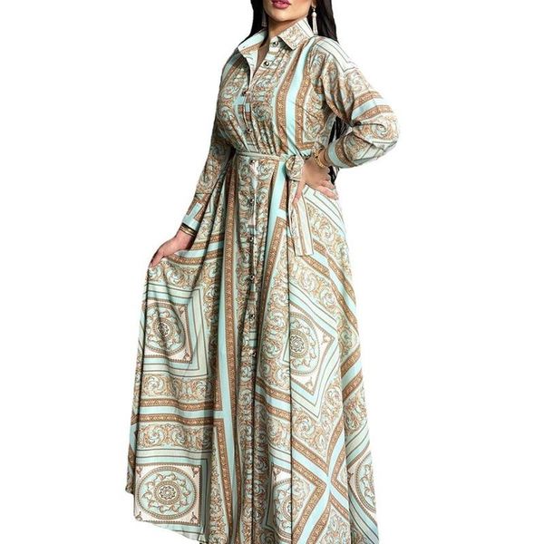

ethnic clothing 2021 autumn winter printing women dress muslim fashion design high waist single-breasted lapel long sleeve, Red