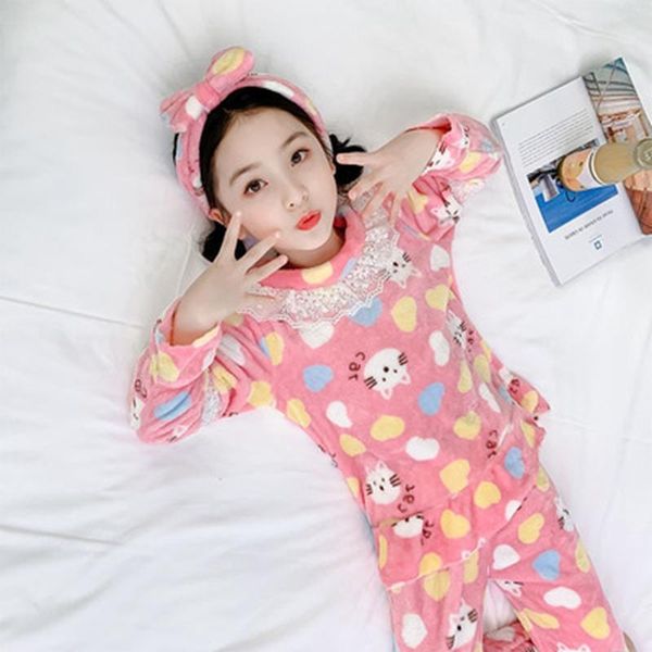 

pajamas 2022 coral fleece kids pijama homewear girls winter children long sleeve pyjama warm flannel sleepwear loungewear, Blue;red