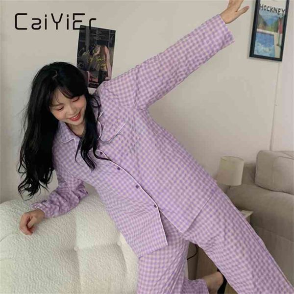 

caiyier grid cardigan pajamas set for women winter soft girls sleepwear suit autumn long sleeve trousers female koren homewear 210330, Black;red