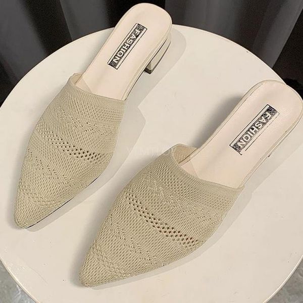 

female 2021 summer breathable pointed toe ladies slippers stretch fabric outside square heel zapatillas mujer casa, Black