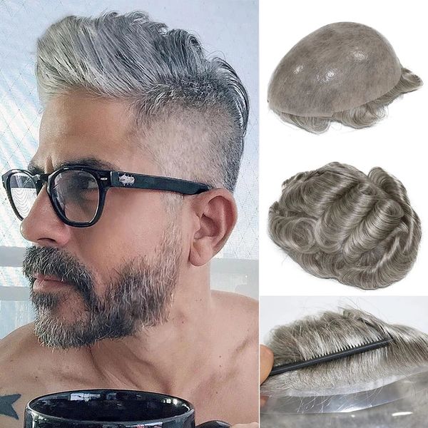 

1b80 grey color 100% human hair wave mens wig thin skin toupee for man men's hairs pieces transparent pu skin replacement system, Black