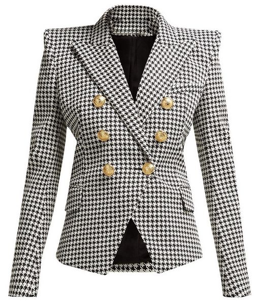 

New Top Quality Original Design Women's Classic Houndstooth Double-Breasted Blazer Slim Jacket Metal Buckles Blazer suit collar outwear, White;black