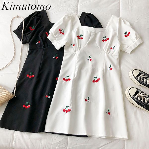 Kimutomo Chique Francês Princesa Estilo Vestidos Meninas Curto Buff Manga Quadrado Collar Verão Cereja Cereja A-Linha Vestido 210521