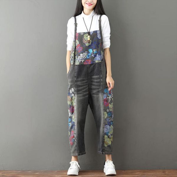 

printing clothing loose womens jumpsuits ankle length pants straight personality patchwork, Black;white