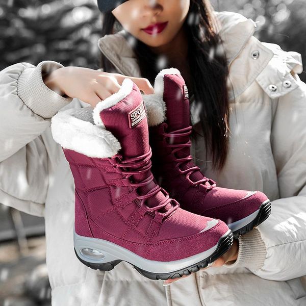 

boots quality waterproof winter women keep warm mid-calf snow ladies lace-up comfortable chaussures femme, Black