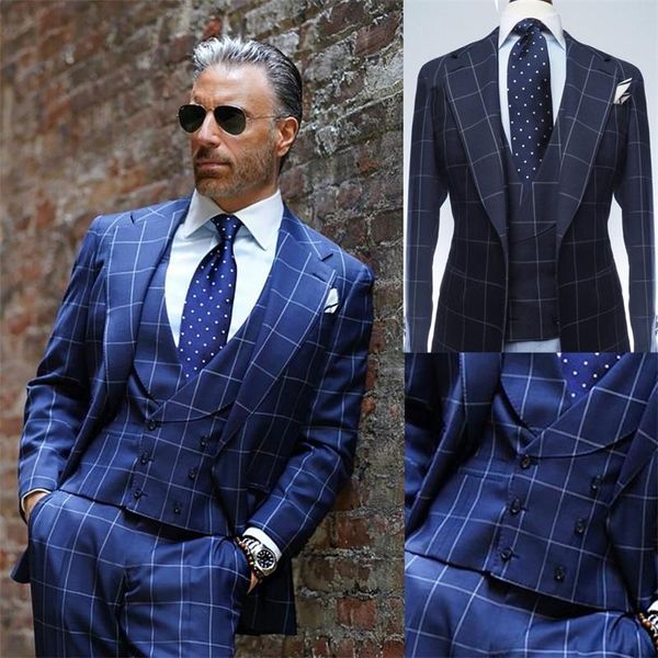 

men's suits & blazers royal blue 3 piece men british plaid casual customized fit party handsome formal coat+pant+vest, White;black
