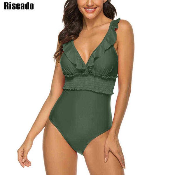 

riseado ruffle trim swimwear women one piece v-neck swimsuits new solid bodysuit women beachwear bathing suit summer, White;black