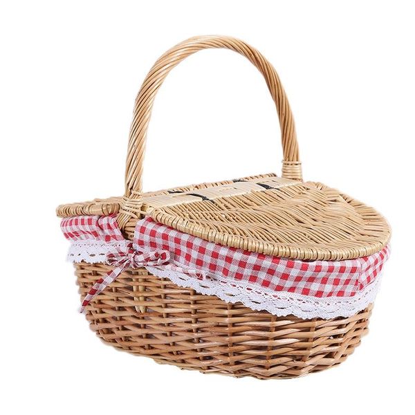 

country style wicker picnic basket hamper with lid and handle & liners for picnics, parties bbqs storage baskets