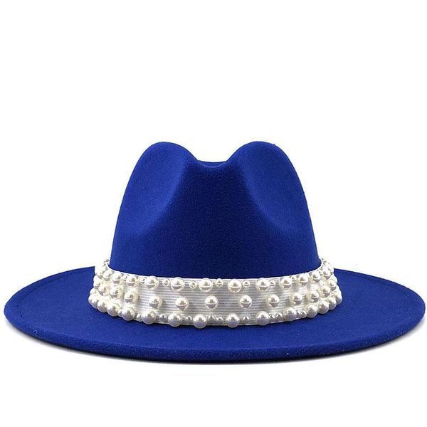

wide brim hats women simple men wool felt fedora panama hat with pearl buckle jazz trilby cap party formal 56-58-60cm, Blue;gray