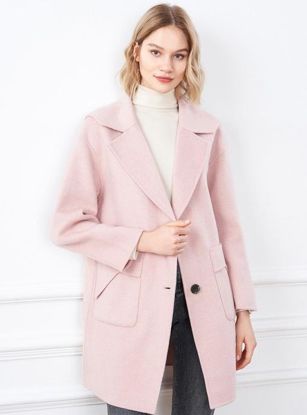 

women's clothing 2021 winter lotus root pink lapel medium long woolen overcoat coat wool & blends, Black