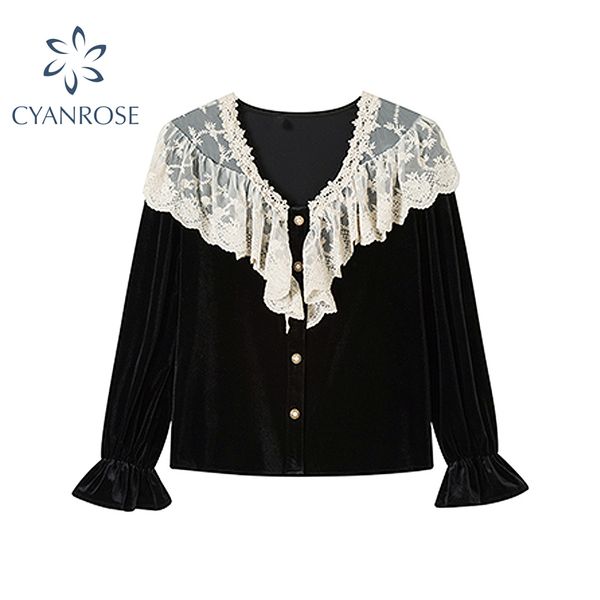 

black french vintage shirts for women party flannel single breasted shirt lady v-neck with lace ruffle collar spring blouse 210417, White