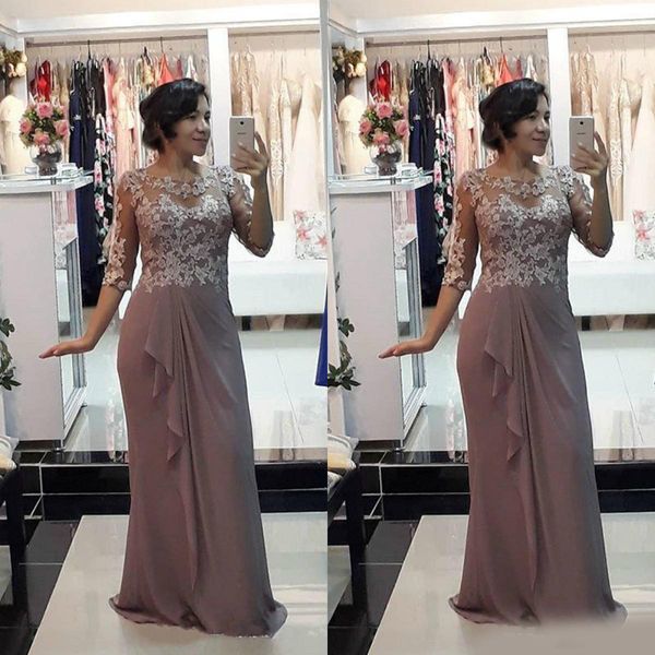 

2021 grey mother off bride dresses jewel half sleeve chiffon lace appliques ruffles floor length prom mother wedding guest gown, Black;red