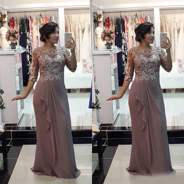 Grau -Off -Braut Kleider Juwel Juwel halb Ärmeln Chiffon Spitzen Applikationen Rüschen bodenlange Prom Mutter Hochzeit Gastkleid