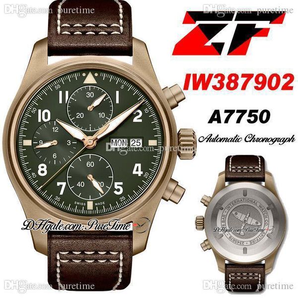 ZF V2 Spitfire ETA A7750 cronografo automatico orologio da uomo 387902 cassa in bronzo da 41 mm quadrante verde cinturino in pelle marrone con linea bianca Puretime Super Edition N100E5