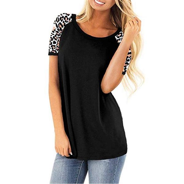 

women's t-shirt summer round neck leopard stitching short-sleeved top, White