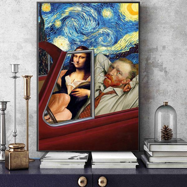 Arte divertente Van Gogh e Mona Lisa Driving Poster su tela Fumo astratto Dipinti ad olio su tela Immagini murali Decorazioni per pareti domestiche