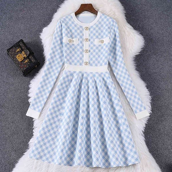 

dress 2021 spring knitted sweater women button up korean fashion vintage plaid blue black mini robe femme vestidos rbr7, Black;gray
