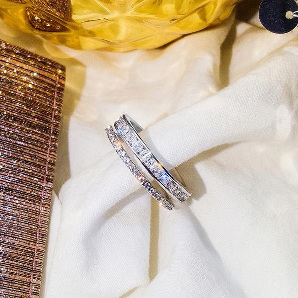 

cluster rings genuine 925 sterling silver 5a cz simulated diamond ring band jewelry simple round thin for women, Golden;silver