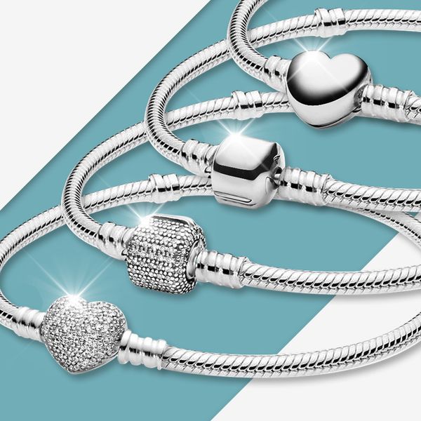 Damen-Charm-Armbänder aus 925er-Sterlingsilber, passend für Pandora-Perlen-Charms, hochwertiges Basic-Schlangenknochen-Kettenarmband, komplettes Bohr-Herz-Schnalle-Armband mit Geschenkbox