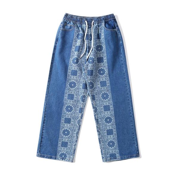 

men's straight loose print jeans, Blue