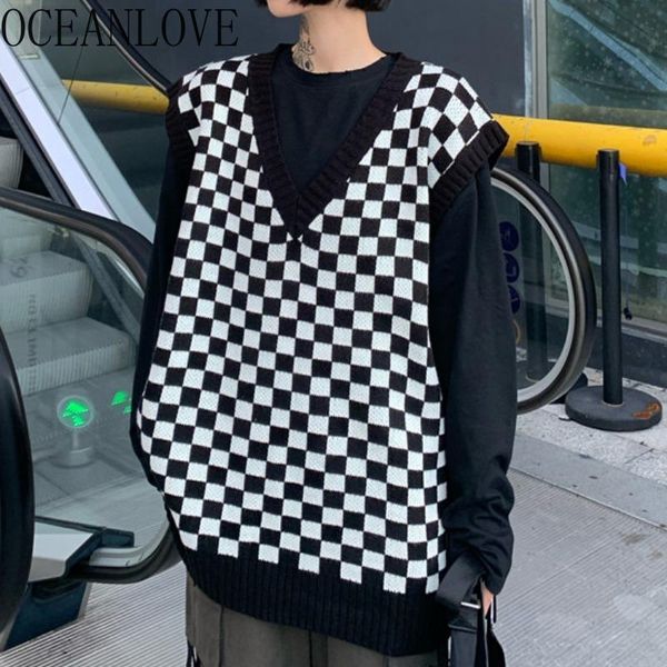 

women's vests oceanlove harajuku plaid woman sweaters loose bf style streetwear japan autumn winter ins pull femme hiver 19062, Black;white