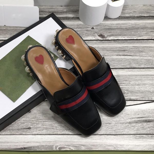 

slippers 2021 summer release women's semi pearl lace luxury designer sandals brand -35-40, Black