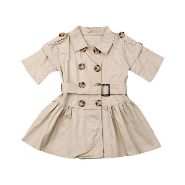 

coat toddler kid baby girl summer autumn half sleeves khaki button tun down collar cool clothes wind belt dress trench, Blue;gray