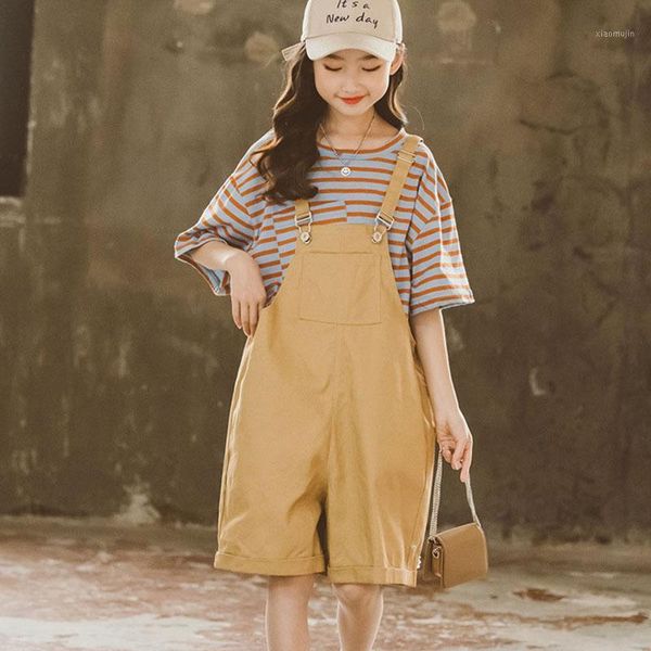 

clothing sets 2021 teens girl summer children clothes striped t-shirt and overalls pants 2 pcs set boutique kids suits, White