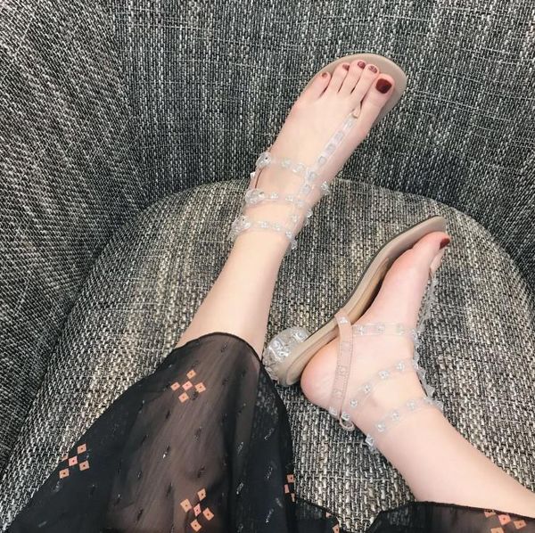 

summer transparent leather straps women clip toe sandals clear studs ladies fashion dress crystal med heel, Black