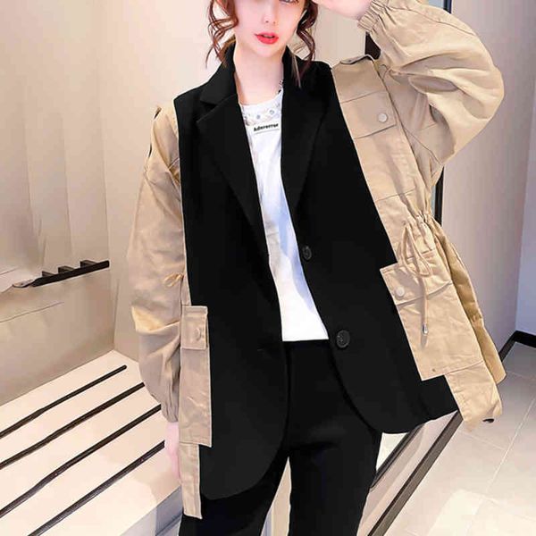 

women's suits & blazers [ewq] korea chic casual trend women lapel stitching contrast pockets loose fashion green long-sleeved blazer au, White;black