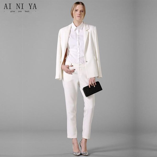 

spring fashion women's business suits soild elegant pant single breasted female office uniform ladies touser suit two piece pants, White