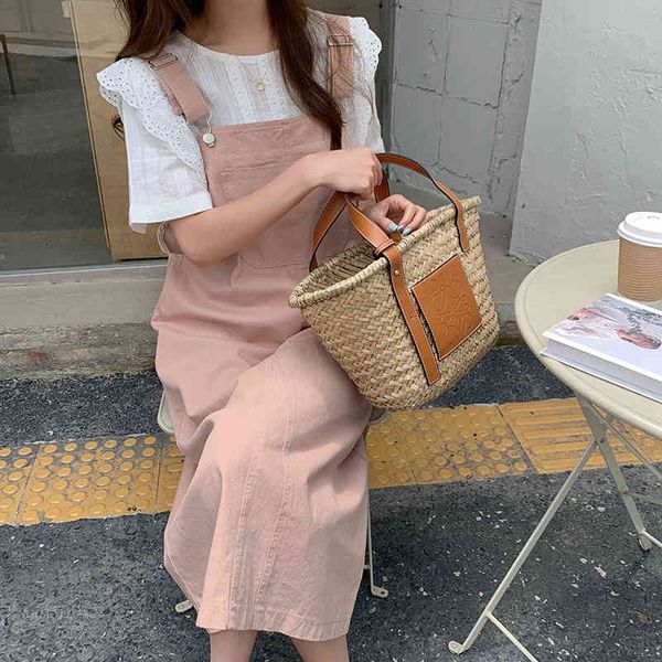 

casual dresses sml korean style 2021 pink women loose straps denim dess female sleeveless sundress overalls jeans tank dress women, Black;gray