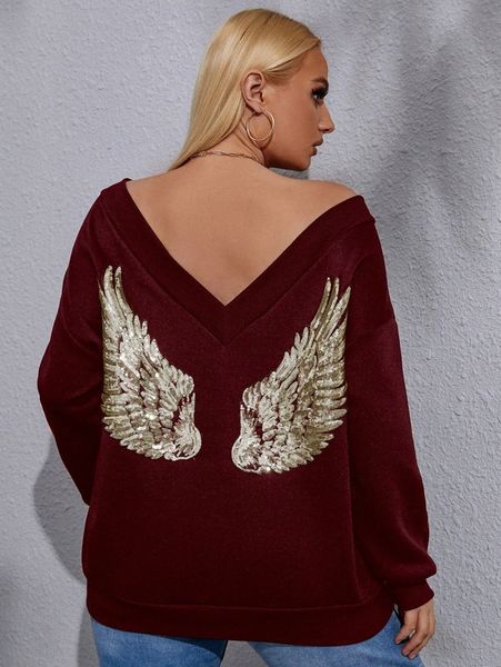 

plus contrast sequin wings drop shoulder sweatshirt f7em#, Black