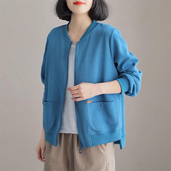 

women's jackets fall 2021 women zip up jacket cotton cardigan baseball office lady crop coat retro streetwear stand collar basic long s, Black;brown