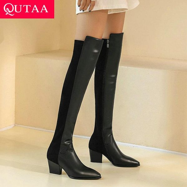 

boots qutaa 2022 pointed toe zipper over the knee women square high heel elegant fashion autumn winter shoes size 34-39, Black