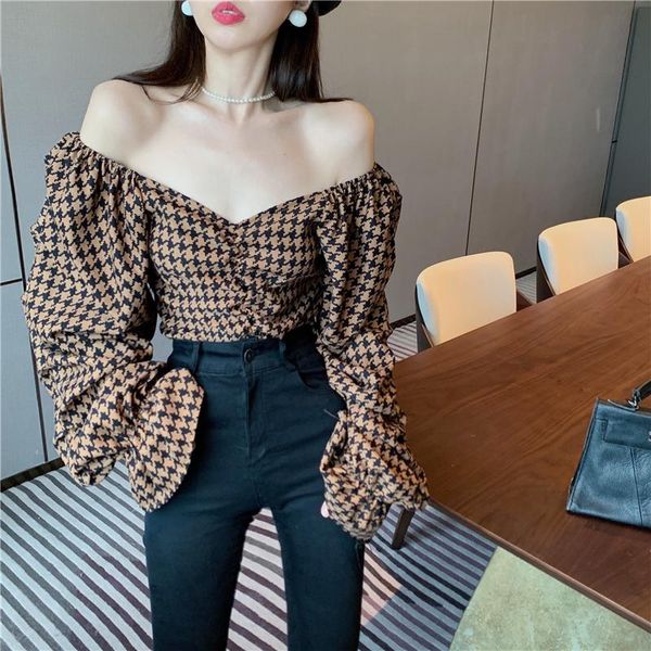 

women's blouses & shirts hzirip slash neck shirring houndstooth square collar women 2021 autumn puff sleeve all-match fashion eleg, White