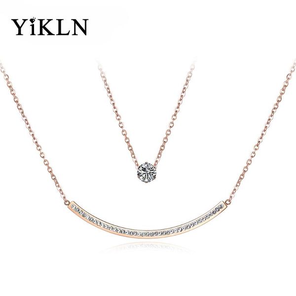 

yikln double layer cz crystal chain & link necklaces jewelry titanium steel rose gold chokers necklace for women yn18061, Golden;silver