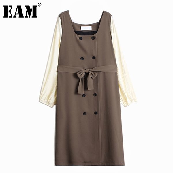 

[eam] women brown big size sashes bow spliced dress square neck puff sleeve loose fit fashion spring autumn 1dd7242 21512, Black;gray