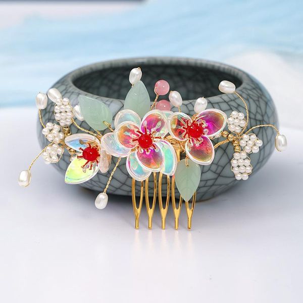

hair clips & barrettes antique hanfu hairband sweet glaze petal comb clip imitation pearl flower mori crystal hairpin delicate headpiece, Golden;silver