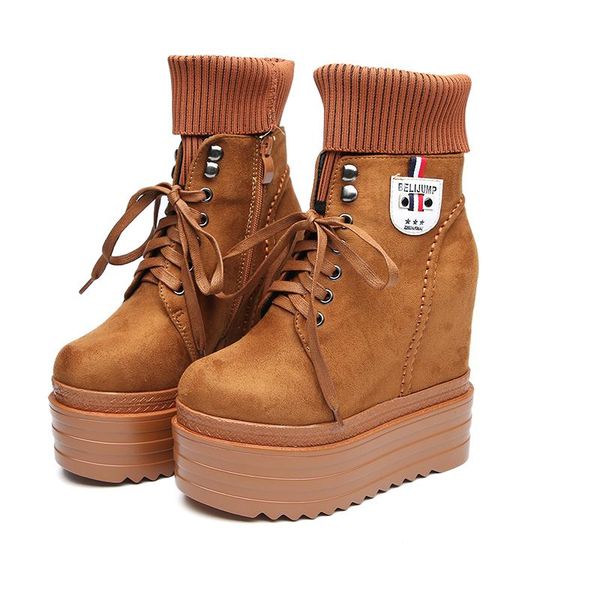 

autumn and winter women's booties increased 14 cm warm knitted wool snow boots wild plus velvet cotton shoes, Black