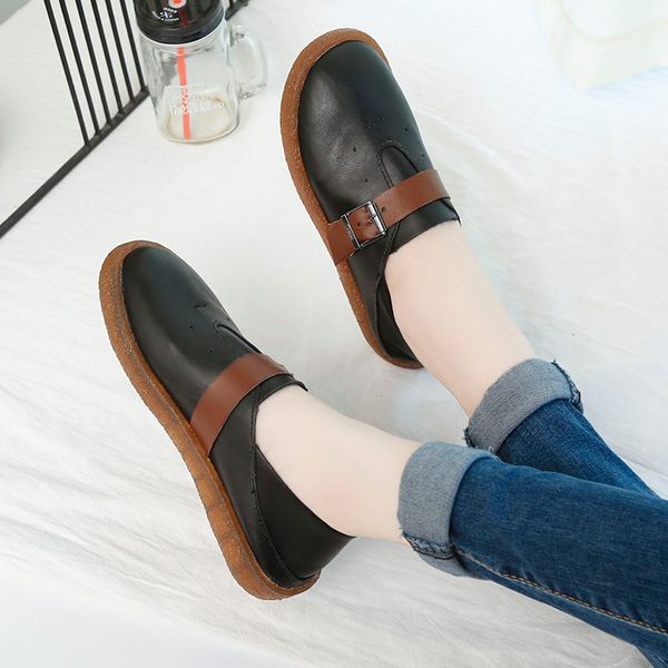

2021 slip on buckle casual shoes woman plus size oxfords for women shoes leather brogues flats female ladies shoes creepers a3t, Black