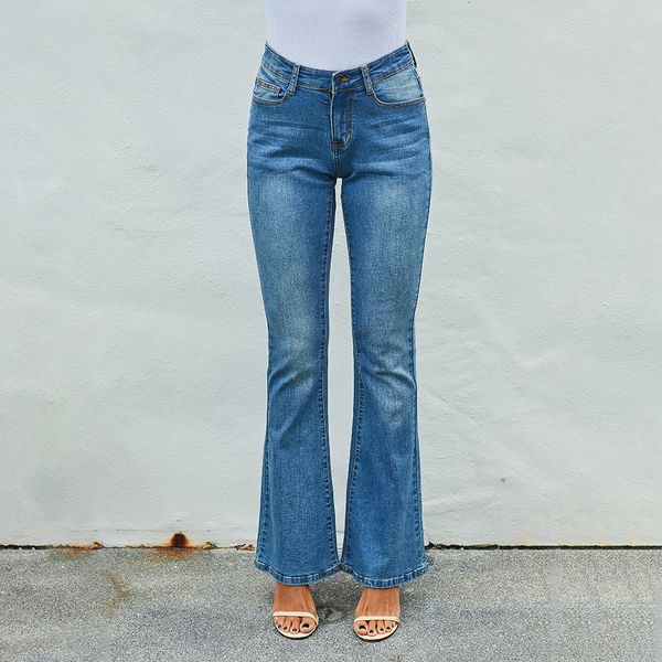 

shiying jeans women's 2021 summer wear solid color slim pants high waist flared 786083, Blue