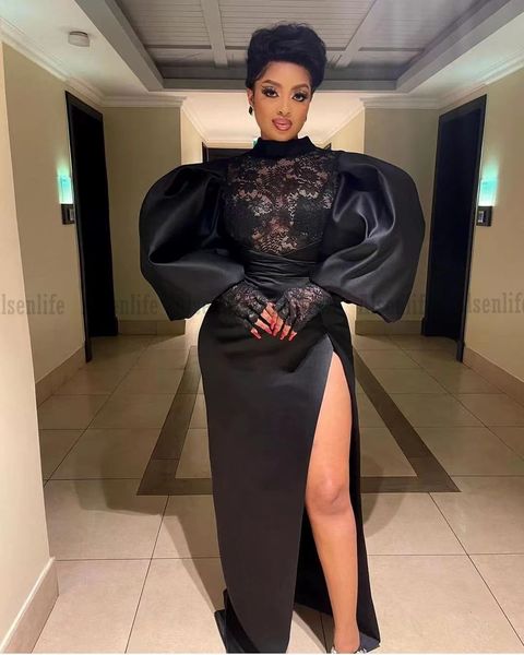 

black dress long sleeves sequin mermaid evening dress african aso ebi prom party gowns robe soirÃ©e femme