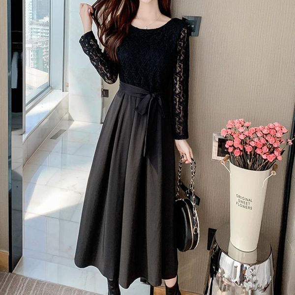 

casual dresses french fashion robe women's autumn brand black waist lace patchwork chiffon a-line 2021 elegant up vestido de mujer, Black;gray