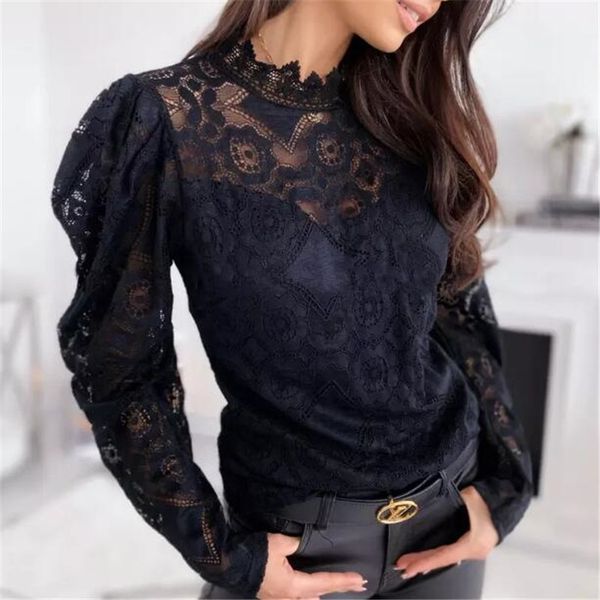 

fashion women hollow lace floral black blouse turtleneck blouse summer spring ladies elegant long sleeve pullover shirt x0521, White