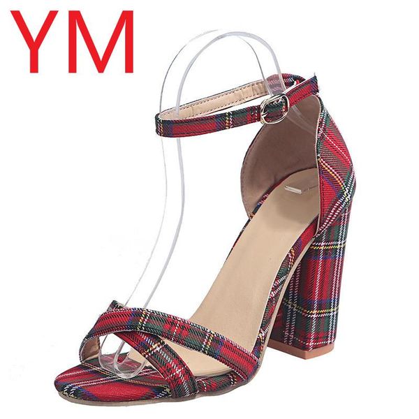 

women sandals ankle buckle strap summer pumps woman gingham open toe shoes plus size ladies high square heel female fashion, Black